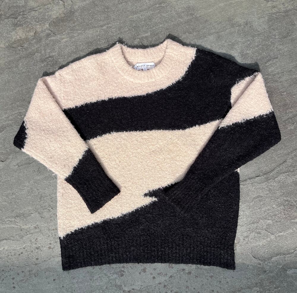 Apiece Apart Elle Abstract Wave Alpaca Wool Sweater Cream Black Colorblock Small